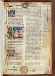 Ms. 2046 fol. 1 Escena de instrucción, primera página de Aforismos de Hipócrates con Comentarios de Galeno