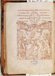 Ms. 210, fol. 23v: La donación de Gonnor, duquesa de Normandía, al monasterio de Mont-Saint-Michel, del Cartulaire de Mont-Saint-Michel, década de 1150