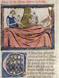Ms 22 fol.30 El nacimiento de los gemelos Jacob y Esaú, miniatura de la Biblia Historiale de Guiart des Moulins