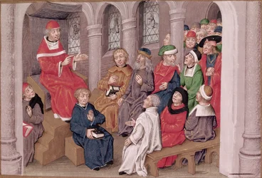 Ms 230 fol.25 Jean de Gerson (1363-1429) predicando la Pasión después de la cena en la Iglesia de San Bernardo, París, de Sermones sur la Passion et Traites Divers, c.1480