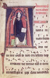 Ms 241 f.1 Inicial historiada A que representa a San Gregorio, del Antifonario para la consagración de la Iglesia Abacial de Vauclair, 1257