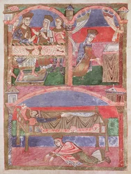Ms 250 f.24r Santa Radegunda (518-87) en la mesa de Clotario I (497-561), en su oratorio y a los pies de la cama real, de la Vida de Santa Radegunda