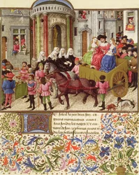Ms 2617 Teseo hace una entrada triunfal en Atenas, de La Teseida, por Giovanni Boccaccio (1313-75) 1340-41