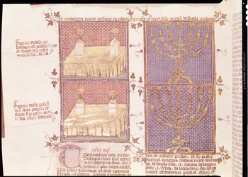 Ms 290 Tomo 1 f.89v Tabla de ofrendas y la menorá, de Postillas sobre la Biblia por Nicolas de Lyre