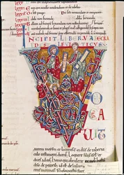 Inicial historiada V que representa una escena del Libro de Levítico, de la Biblia de St. Benigne