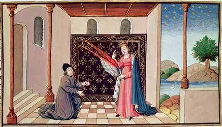 Ms 3045 fol.68v La Filosofía ofrece a Boecio las alas que permitirán a su mente volar alto