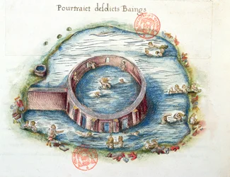Los Baños de Bourbon-Lancy, ilustración de Generale Description du Bourbonnais por Nicolas de Nicolay, 1569