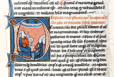 Ms 3458 fol 62vo Inicial historiada D que representa a Aristóteles sosteniendo una esfera armilar y señalando al cielo mientras enseña a un grupo de clérigos de Europa Occidental