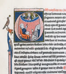 Ms 3458, inicial historiada O que representa al antiguo filósofo griego Aristóteles, enseñando a un grupo de clérigos de Europa Occidental y señalando hacia Dios en los cielos