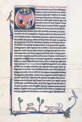 Ms 3458, inicial historiada O que representa al antiguo filósofo griego Aristóteles, enseñando a un grupo de clérigos de Europa Occidental y señalando hacia Dios en los cielos