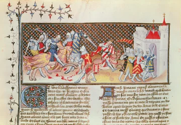 Ms 3479 t.1 fol.558 Escena de caballeros luchando, del Libro de Messire Lancelot du Lac