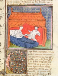Ms 3480 Lancelot intentando escapar de una mujer en una cama, del Libro de Messire Lancelot du Lac