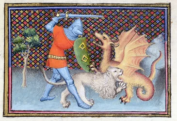 Ms 3480 Yvain, el caballero del león, luchando contra un dragón, miniatura del Roman de Lancelot, detalle