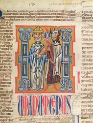 Ms 354 fol.9 Miniatura de un obispo y un rey del Decretum Gratiani, siglo XIV