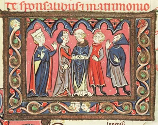 Ms 364 fol.166 Un matrimonio, ilustración de los comentarios de Johannes Andreae sobre los Decretales papales