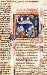 Inicial historiada S que representa al Papa Gregorio IX (1220-50) con obispos y abades, de las Decretales de Gregorio IX