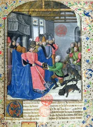 Ms 3717 Cazador presentando al autor una copia de su tratado sobre caza, del Livre de la Chasse de Gaston Phebus de Foix (1331-91)