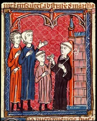 Ms 372 f.53r Un niño llevado a un monasterio por sus padres, de Decretos de Graciano