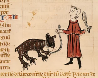 Ms. 372, fol. 241v: Un domador de osos, del Decreto de Graciano