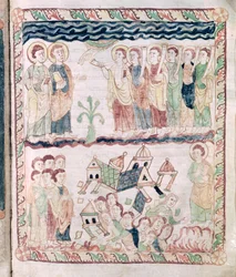 Ms 386 fol.25r Ángeles con trompetas y la tierra temblando, del Apocalipsis de San Juan
