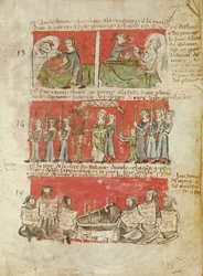 Escenas de las vidas de los estudiantes del Colegio de Hubant o el Ave María, de los Estatutos del Colegio de Hubant, París, 1387