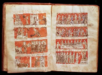 Ms 408 Escenas de la vida de los estudiantes en el Colegio de la Virgen Bendita en París, de los Estatutos del Colegio de Hubant, 1387