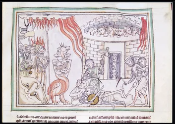 Ms 422 Fol.95r El fuego celestial destruyendo el ejército de Satanás, escena del Apocalipsis