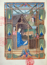 Ms 473 La Natividad con pavos reales, miniatura de las Horas de Carlos de Francia, c.1466-69