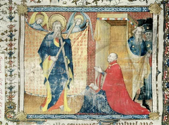 Ms 48 fol.181 Jean de France (1340-1416) Duque de Berry rezando ante San Andrés, del Leccionario de la Sainte-Chapelle de Bourges, c.1404-10