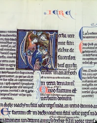Ms 48 fol.95v Inicial historiada V que representa la lapidación del profeta Jeremías