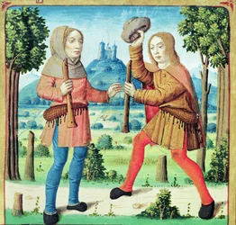 Ms 493 f.10v Los pastores Dametas y Menalcas desafiándose a un concurso musical, de Las Églogas de Virgilio con un comentario de Servius, 1469