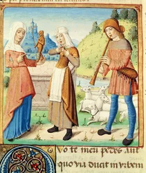 Ms 493 fol.15v El pastor Menalcas y su amor no correspondido, de Las Églogas de Virgilio con un comentario de Servius, 1469