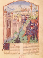 Ms 493 fol.1r Las Obras de Virgilio con Comentario de Servio, Las Bucólicas, Rey sentado en su trono rodeado por sus guardias frente a una ciudad fortificada, Francia
