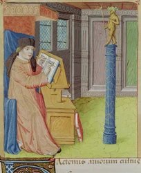 Ms 493 fol.29r Virgilio escribiendo ante Artemisa, de Las Geórgicas por Virgilio con Comentario de Servio, 1469