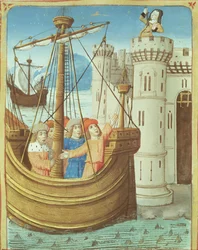 Ms 493 fol.99v La partida de Eneas y la muerte de Dido, de La Eneida de Virgilio con un comentario de Servius, 1469