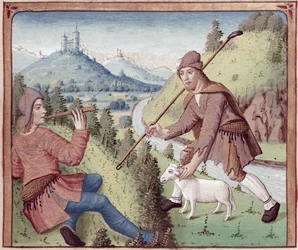Ms 498 f.3v Tityrus se encuentra con Meliboeus, de Las Églogas de Virgilio con un comentario de Servius, 1469