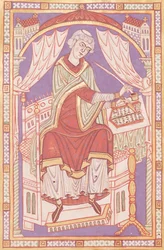 Ms 501 fol.5v Baudemond escribiendo, de Vie et Miracles de Saint Amand