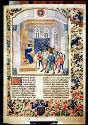 Ms 5064 fol.1r El Autor Presentando su Libro a los Campesinos, del Livre des Prouffitz Champestres por Pietro de Crescenzi (1230-1320)