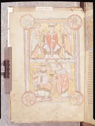 Ms 512 fol.4v San Gregorio Magno (c.540-604) entre su padre, Gordien, y su madre, Silvia y un hombre ahogado como un ángel, de Liber Pastoralis
