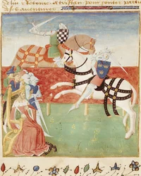 Confrontación de dos caballeros ante el rey, del Roman du Saint Graal