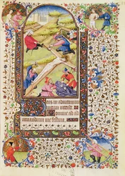 Ms 547 fol.21 Cristo siendo clavado en la cruz, de un Libro de Horas usado por una mujer de Poitiers