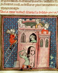 Ms 59 fol.17r La construcción de la Torre de Babel, de la Biblia Historiale por Guiart des Moulins