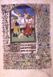 Dos ángeles apareciendo a los pastores, del Libro de Horas de Besançon