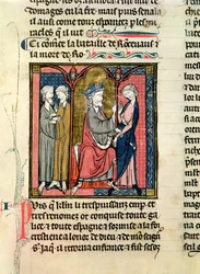 Ms 782 f.152r Carlomagno (742-814) enviando a Ganelon a los Reyes de Zaragoza, Marsile y Baligant, de las Chroniques de Saint-Denis, c.1275