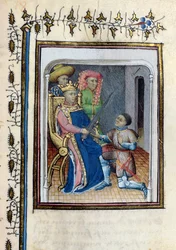 Ms 814 Carlos V (1338-80) devuelve la Espada del Alto Condestable a Bertrand du Guesclin (c.1320-80) de la Histoire de Du Guesclin después del poema de Cuvelier, principios del siglo XV