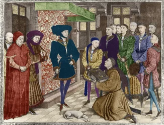 Ms 9242 Crónicas de Hainaut, Felipe el Bueno, Duque de Borgoña, presentado con la traducción de las Crónicas por Jean Vauquelin, Carlos el Temerario como niño a su izquierda