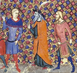 Ms Add 12228 Merlín con dos compañeros, ilustración de "Meliadus o Guiron le Courtois" de Hélie de Boron
