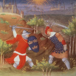 El rey Arturo lucha contra un general romano, de un manuscrito de Historias, por el Maestro de Boucicaut