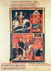 Caza de ciervos y un rey, posiblemente Dagoberto I (632-39) en su trono, de la Vida y Milagros de San Denis
