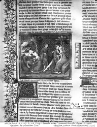 Ms Fr 118 fol.219v Cómo Lancelot besó a Ginebra por primera vez, del Livre de Messire Lancelot du Lac